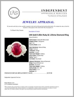 14K Gold 5.00ct Ruby & 1.03ctw Diamond Ring