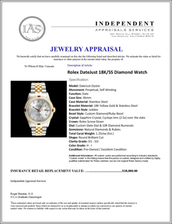 Rolex DateJust 18K/SS Diamond 36mm Watch