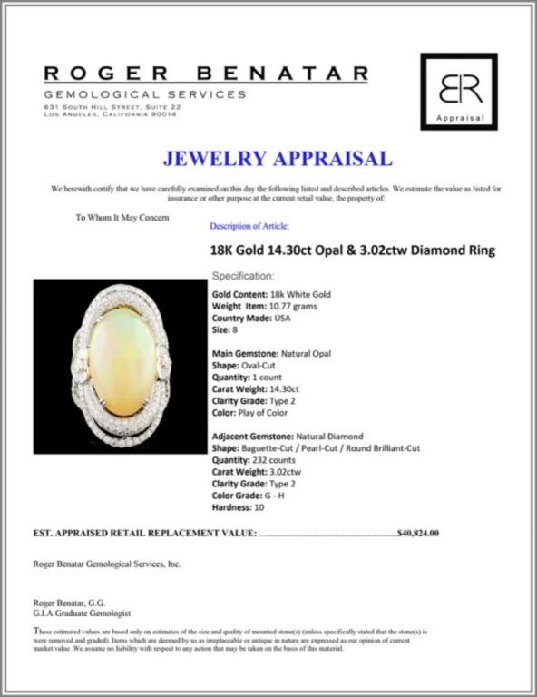 18K Gold 14.30ct Opal & 3.02ctw Diamond Ring