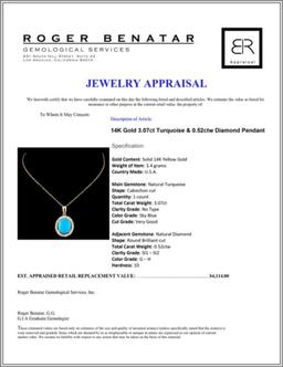 14K Gold 3.07ct Turquoise & 0.52ctw Diamond Pendan