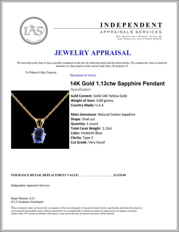 14K Gold 1.13ctw Sapphire Pendant