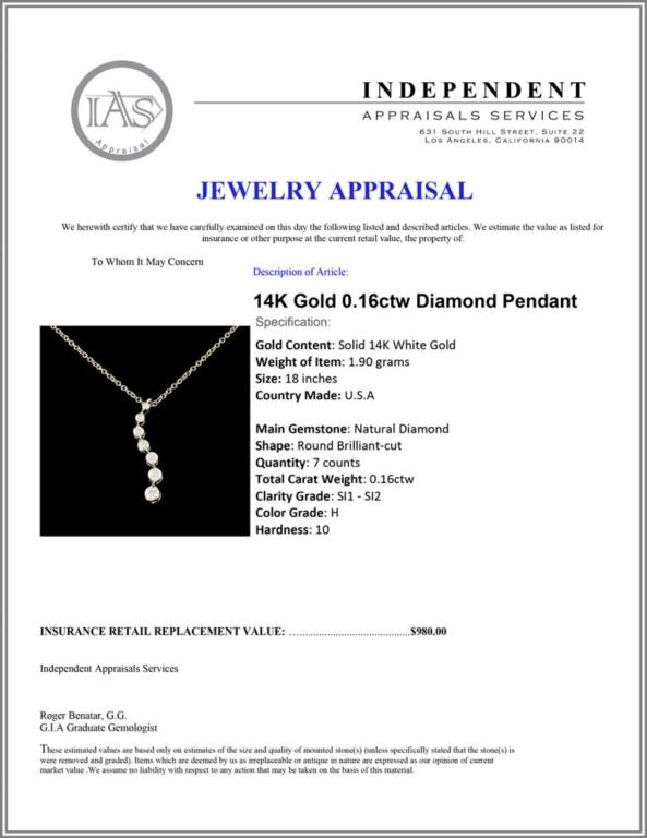 14K Gold 0.16ctw Diamond Pendant