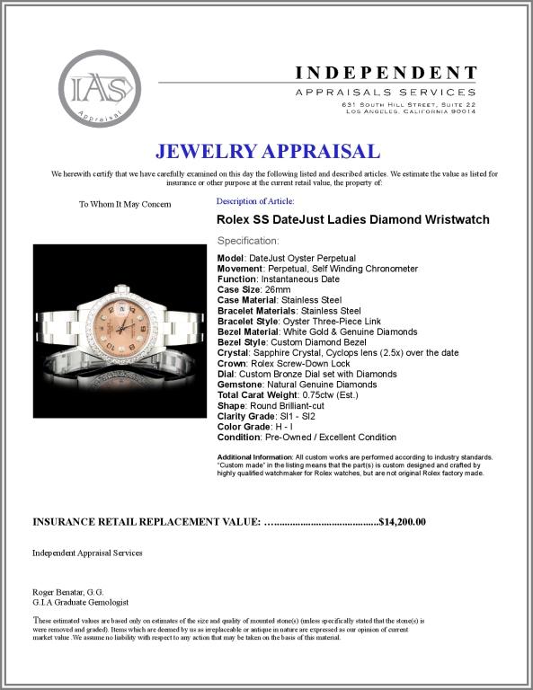 Rolex SS DateJust Diamond Ladies Wristwatch