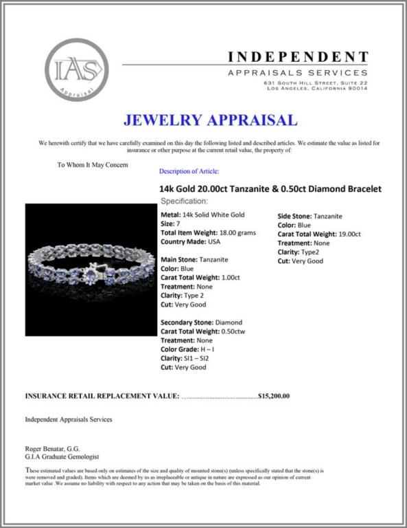 14k Gold 20.00ct Tanzanite & 0.50ct Diamond Brace