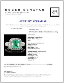18K White Gold 2.50ct Emerald & 1.03ct Diamond Rin