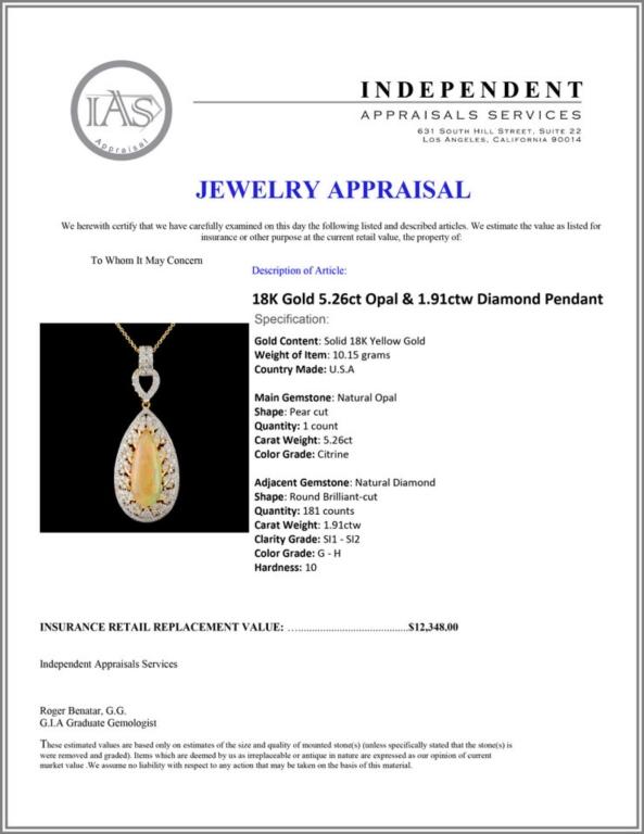 18K Gold 5.26ct Opal & 1.91ctw Diamond Pendant