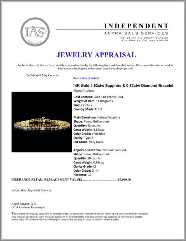 14K Gold 4.62ctw Sapphire & 0.82ctw Diamond Bracel