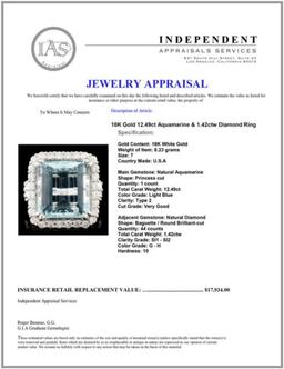 18K Gold 12.49ct Aquamarine & 1.42ctw Diamond Ring