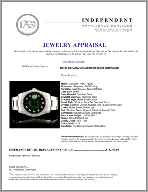 Rolex DateJust 116200 SS 1.35ct Diamond 36MM Watch
