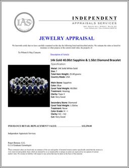 14k Gold 40.00ct Sapphire & 1.50ct Diam Bracelet