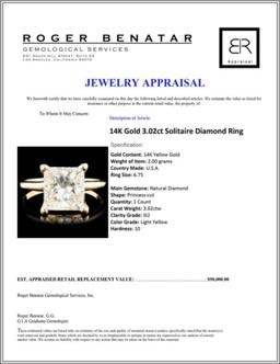 14K Gold 3.02ct Solitaire Diamond Ring