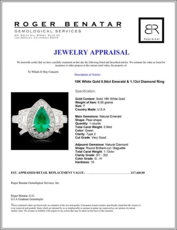 18K White Gold 0.94ct Emerald & 1.13ct Diamond Rin