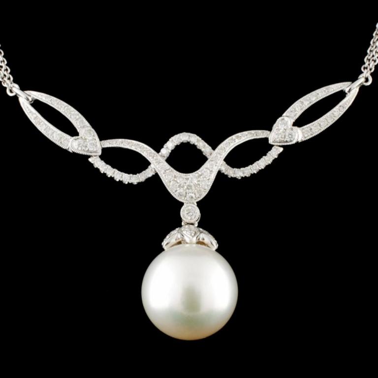 14K Gold 14MM Pearl & 1.58ctw Diamond Necklace