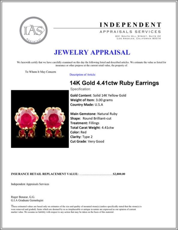 14K Gold 4.41ctw Ruby Earrings