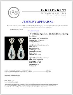14K Gold 7.22ct Aquamarine & 1.05ctw Diamond Earri