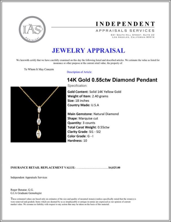 14K Gold 0.55ctw Diamond Pendant