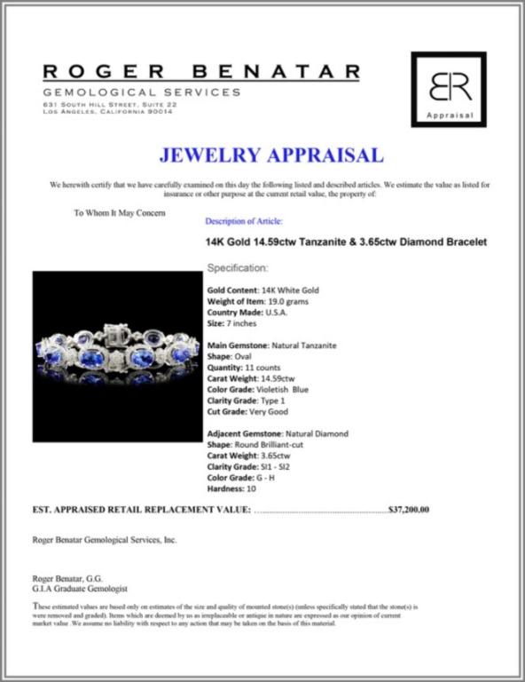 14K Gold 14.59ctw Tanzanite & 3.65ctw Diamond Brac