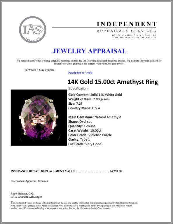 14K Gold 15.00ct Amethyst Ring