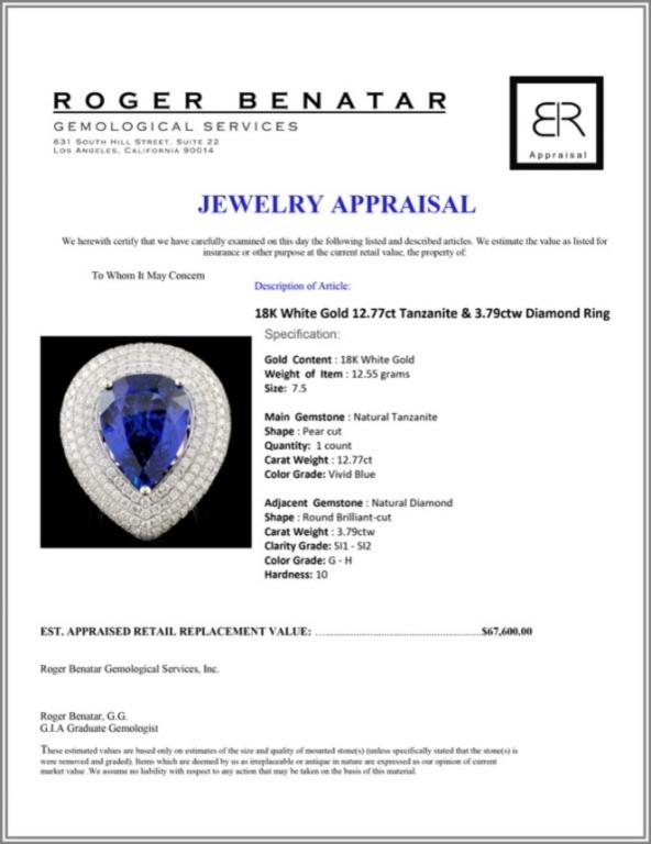 18K White Gold 12.77ct Tanzanite & 3.79ctw Diamond