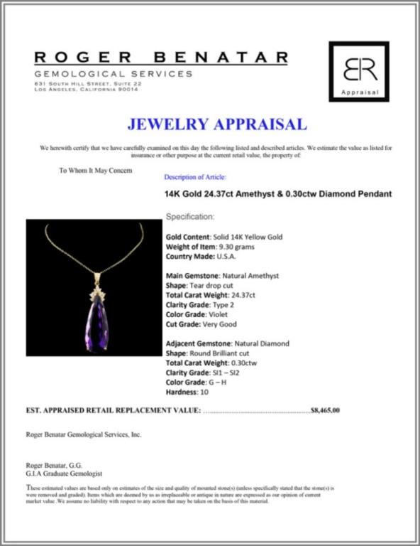 14K Gold 24.37ct Amethyst & 0.30ctw Diamond Pendan