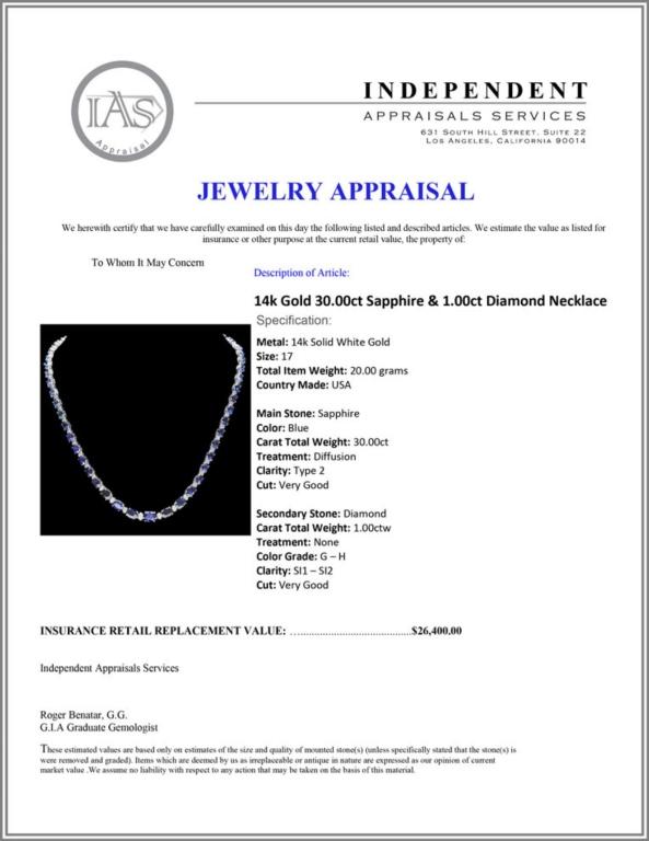 14k Gold 30.00ct Sapphire & 1.00ct Diamond Neckla