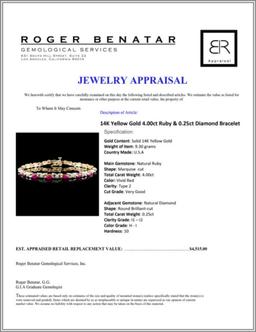 14K Yellow Gold 4.00ct Ruby & 0.25ct Diamond Brace