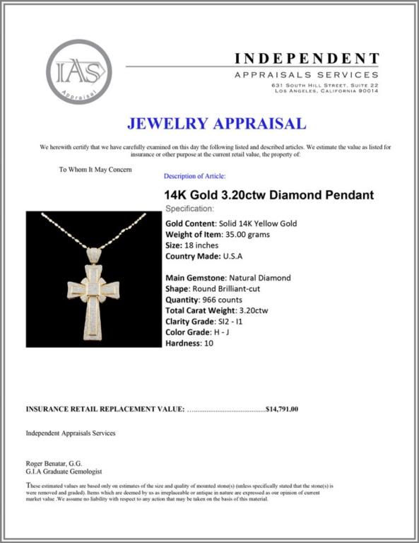 14K Gold 3.20ctw Diamond Pendant