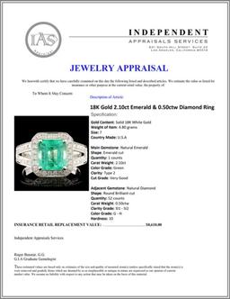 18K Gold 2.10ct Emerald & 0.50ctw Diamond Ring