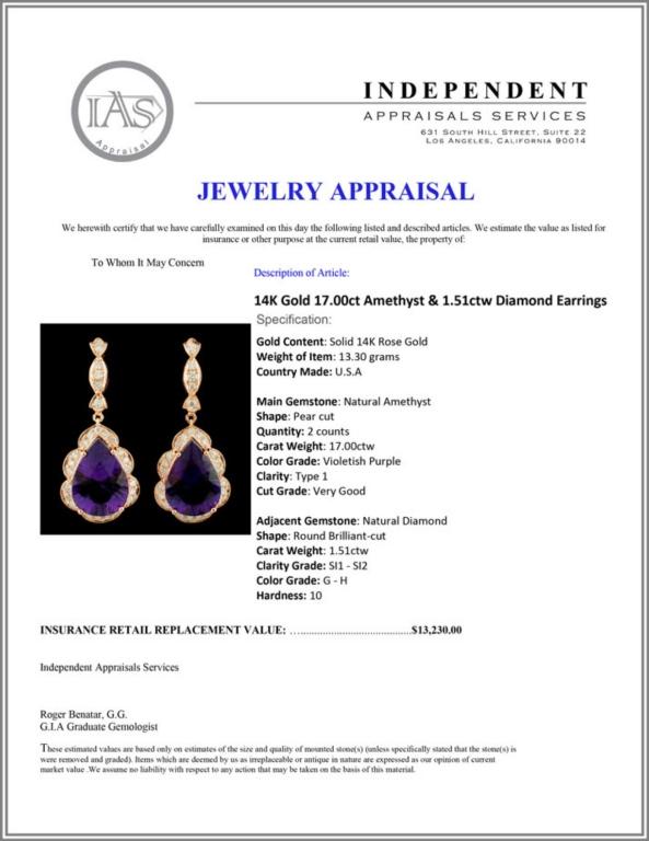 14K Gold 17.00ct Amethyst & 1.51ctw Diamond Earrin
