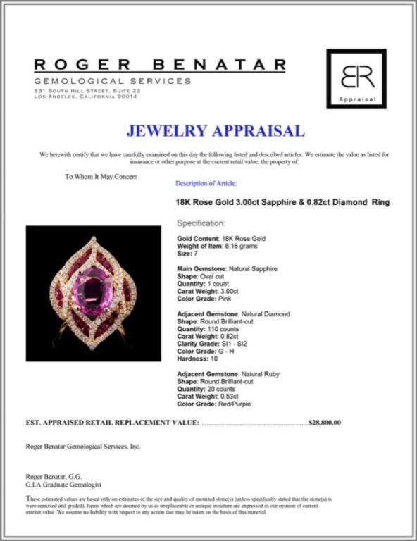 18K Rose Gold 3.00ct Sapphire & 0.82ct Diamond Rin