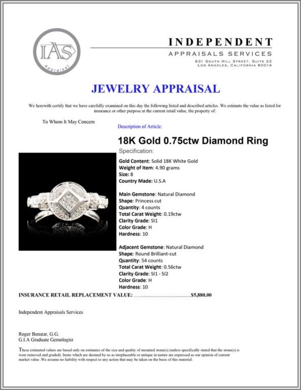 18K Gold 0.75ctw Diamond Ring