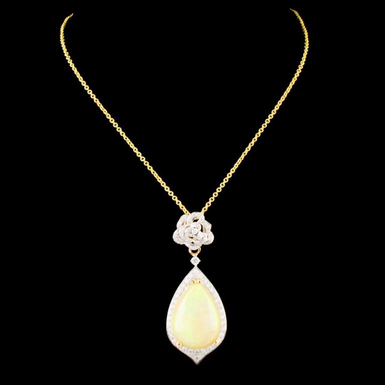 14K Gold 6.37ct Opal & 0.61ctw Diamond Pendant