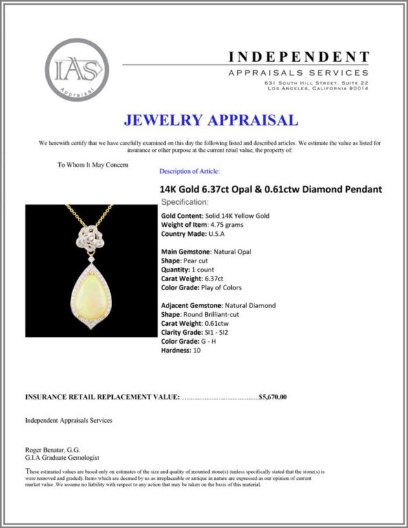 14K Gold 6.37ct Opal & 0.61ctw Diamond Pendant