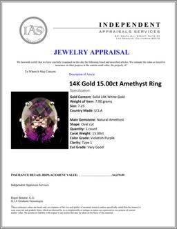 14K Gold 15.00ct Amethyst Ring