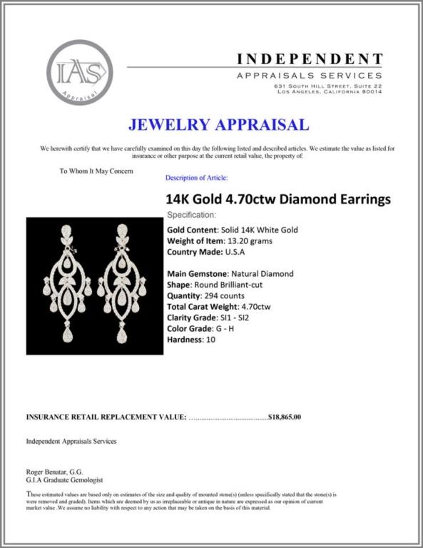 14K Gold 4.70ctw Diamond Earrings