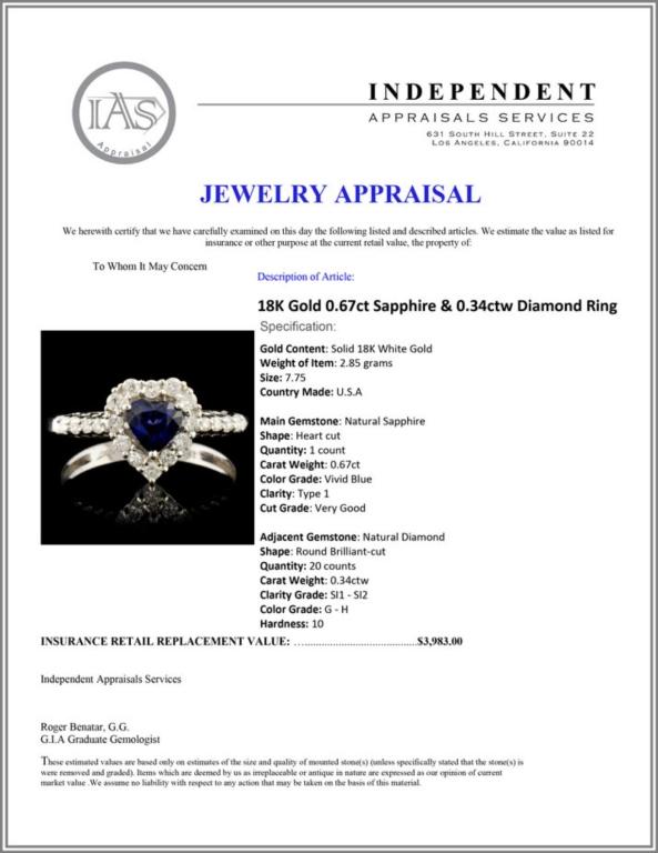 18K Gold 0.67ct Sapphire & 0.34ctw Diamond Ring