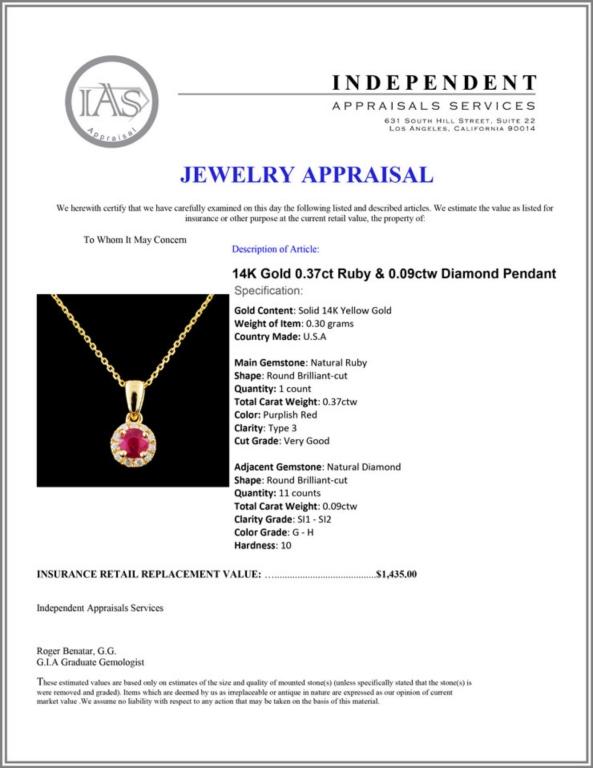 14K Gold 0.37ct Ruby & 0.09ctw Diamond Pendant