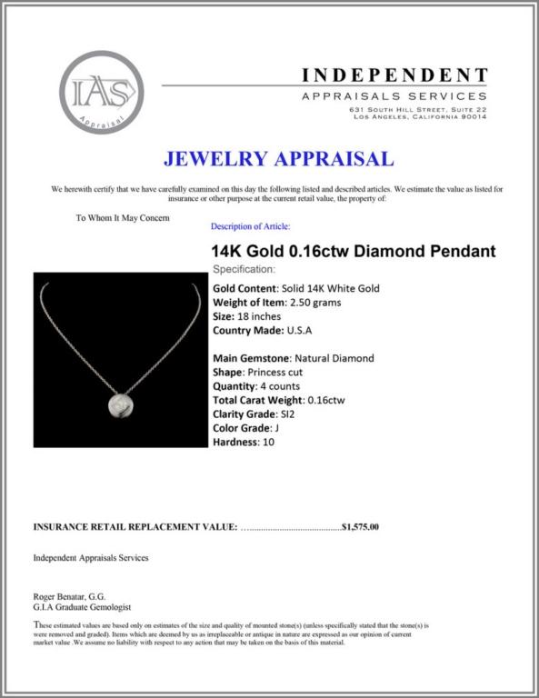 14K Gold 0.16ctw Diamond Pendant