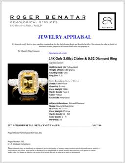 14K Gold 2.00ct Citrine & 0.52 Diamond Ring