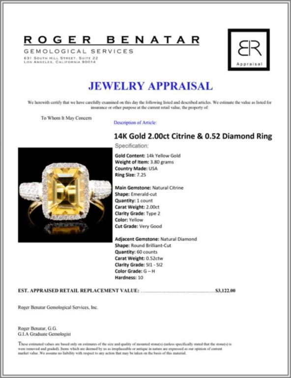 14K Gold 2.00ct Citrine & 0.52 Diamond Ring