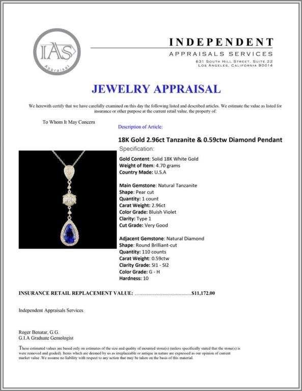 18K Gold 2.96ct Tanzanite & 0.59ctw Diamond Pendan