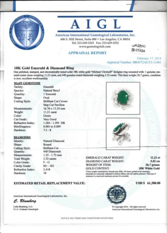 18K Gold 11.21ct Emerald & 5.52ctw Diamond Ring