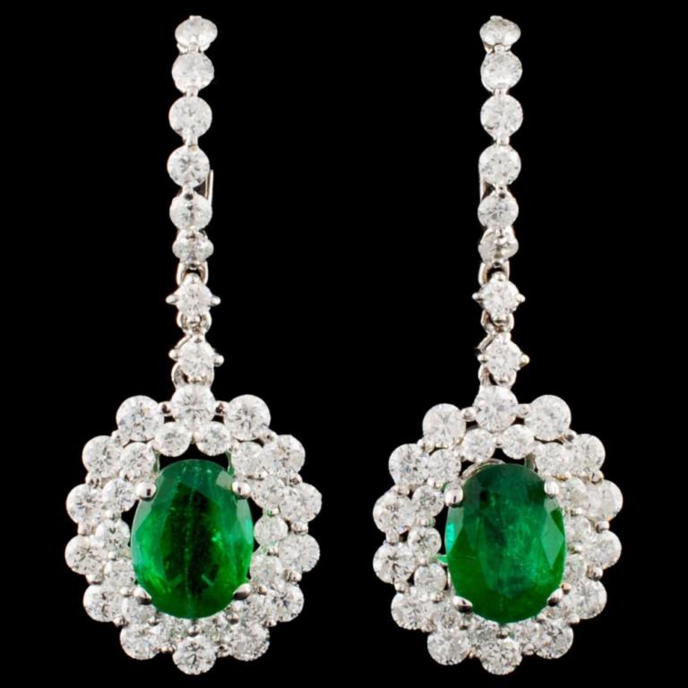 18K Gold 2.25ct Emerald & 2.28ctw Diamond Earrings