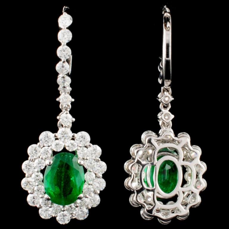 18K Gold 2.25ct Emerald & 2.28ctw Diamond Earrings