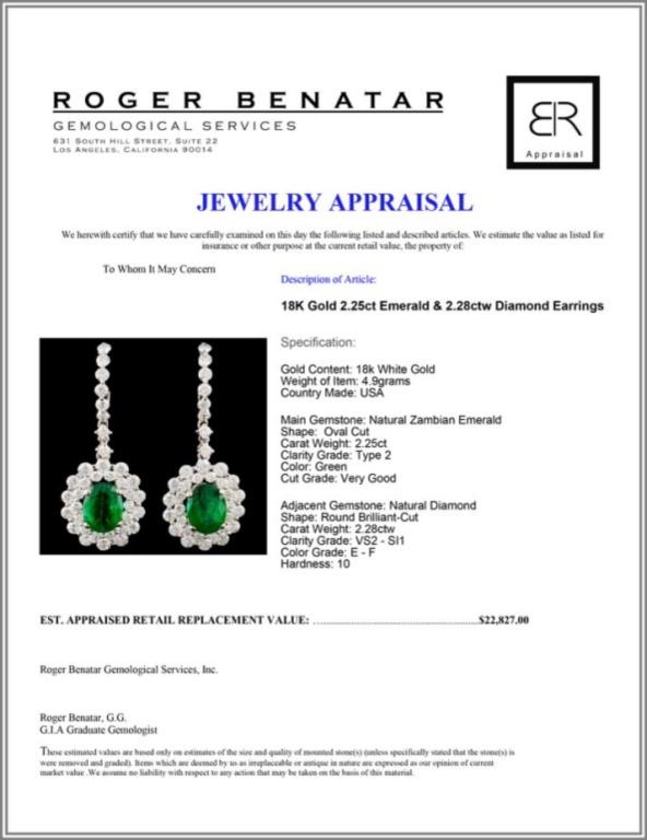 18K Gold 2.25ct Emerald & 2.28ctw Diamond Earrings