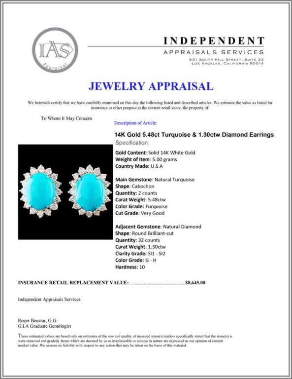 14K Gold 5.48ct Turquoise & 1.30ctw Diamond Earrin