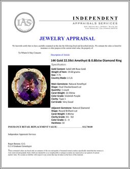 14K Gold 22.59ct Amethyst & 0.80ctw Diamond Ring