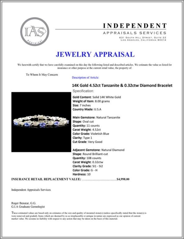 14K Gold 4.52ct Tanzanite & 0.32ctw Diamond Bracel