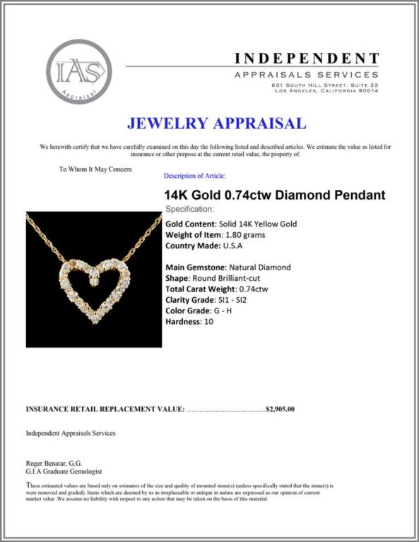 14K Gold 0.74ctw Diamond Pendant