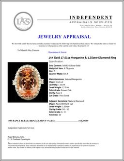 14K Gold 17.51ct Morganite & 1.35ctw Diamond Ring